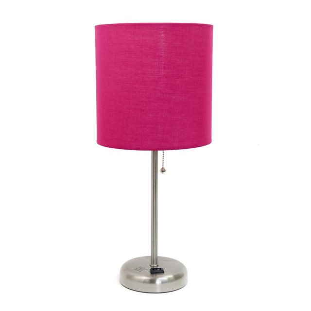 ALL THE RAGES INC CWT-2009-PN Creekwood Home Oslo Power Outlet Metal Table Lamp, 19-1/2inH, Pink Shade/Brushed Steel Base