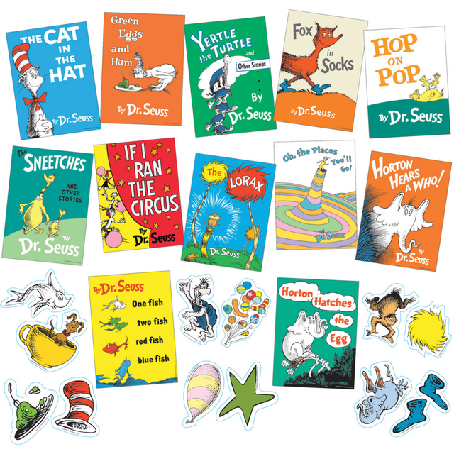 Cultivate a love of reading in your classroom with help from the Eureka Dr. Seuss Books Mini Bulletin Board Set. Book cover pieces showcase which books your students will be reading next.  Includes 33 pieces: 12 book covers and 21 die-cut illustrations.  Made from durable card stock.  Can be reused.