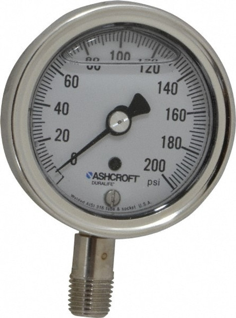 Ashcroft 94478 Pressure Gauge: 2-1/2" Dial, 0 to 200 psi, 1/4" Thread, NPT, Lower Mount