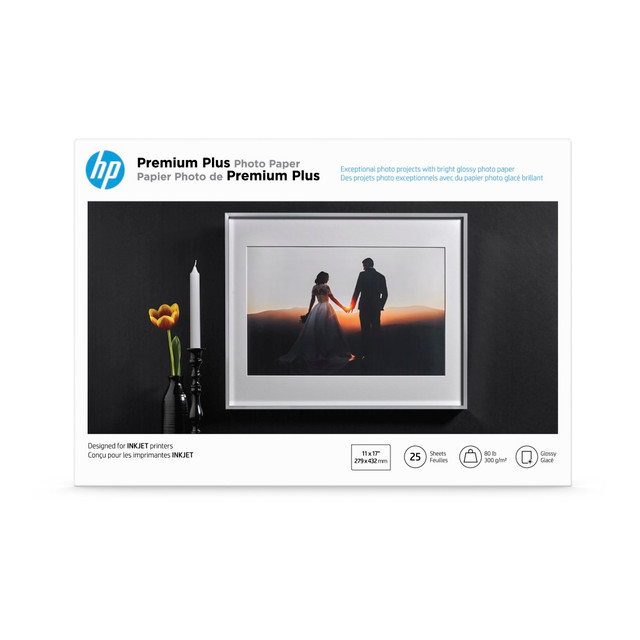 HP INC. CV065A HP Premium Plus Photo Paper for Inkjet Printers, Glossy, Ledger Size (11in x 17)", 80 Lb., Pack Of 25 Sheets (CV065A)