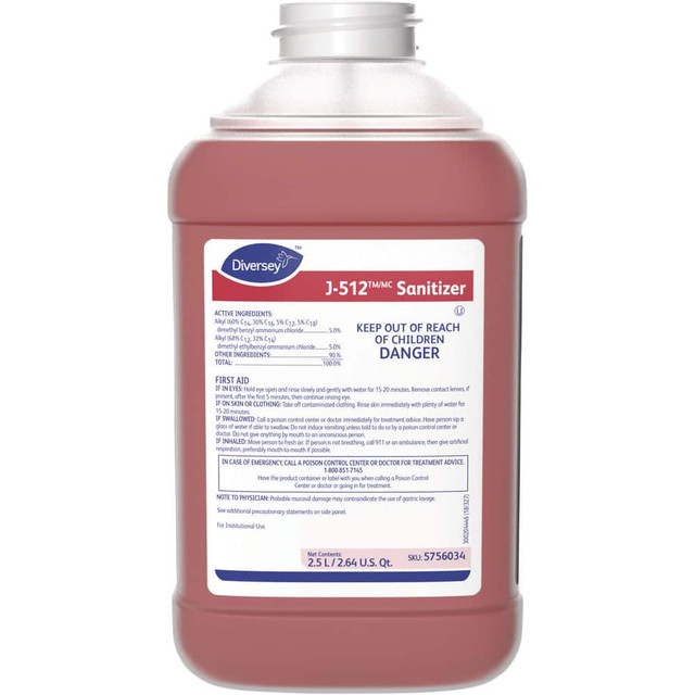 Diversey DVS5756034 All-Purpose Cleaners & Degreasers; Product Type: Sanitizer ; Form: Liquid ; Container Type: Bottle ; Container Size: 84.5 oz ; Scent: Typical Quaternary ; Application: For Commercial Sinks; Dairies; Restaurants; Bars & Institution