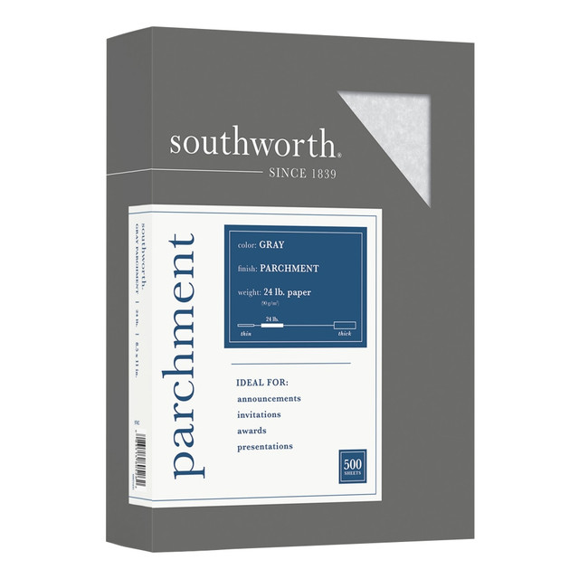 Get quality prints of certificates, invitations, and other impressive forms with this Southworth Parchment Paper. The parchment finish produces a sophisticated appearance and brings an Old-World look and feel to your documents. This Southworth parchment specialty paper is acid-free and lignin-free so your documents wonT yellow or disintegrate over time.  Parchment paper is perfect for special documents that need an Old World distinctiveness  Paper size: 8.5inW x 11inL  Compatible with most copiers and inkjet and laser printers.  Acid-free and lignin-free  Gray paper with Parchment finish  Each box contains 500 sheets  Paper weight: 24 lbs.