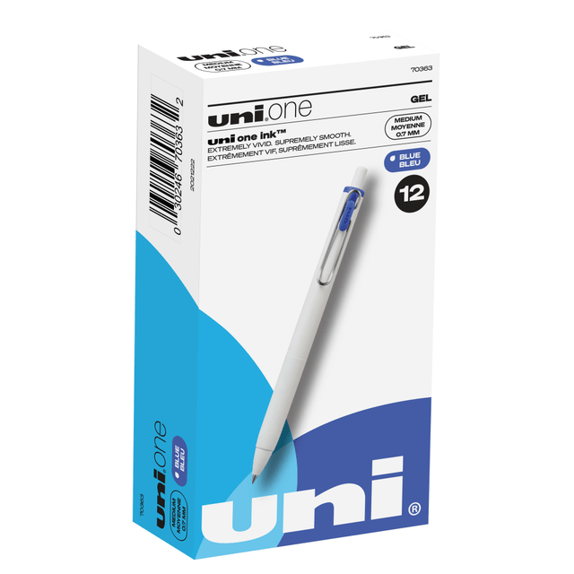 MITSUBISHI PENCIL COMPANY, LTD. Uni-Ball 70363  One Retractable Gel Pens, Medium Point, 0.7 mm, White Barrel, Blue Ink, Pack Of 12 Pens