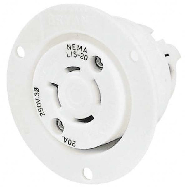 Bryant Electric 71520ER Twist Lock Receptacles; Receptacle/Part Type: Receptacle; Gender: Female; NEMA Configuration: L15-20R; Flange Style: Flanged; Amperage: 20 A; Number Of Poles: 3; Number Of Wires: 4; Maximum Cord Diameter: 29.20 mm; Resistance 