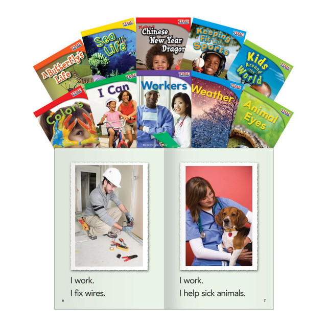 Build your classrooms library and add supplemental reading material to your curriculum with this book set. Kids will love the high-interest subject materials, which include concepts and themes ranging from math and science to social studies.  Each set includes a wide range of topics that provide kids with interesting material while building their reading skills.  Colorful images grab attention and help draw students in.  Designed to meet Common Core standards.  Designed for students in first grade.  Set of 10 books provides your classroom library with an instant boost. Titles include Colors, I Can, Workers, Weather, Animal Eyes, A Butterflys Life, Sea Life, Make a Chinese New Year Dragon, Keeping Fit with Sports and Kids Around the World.