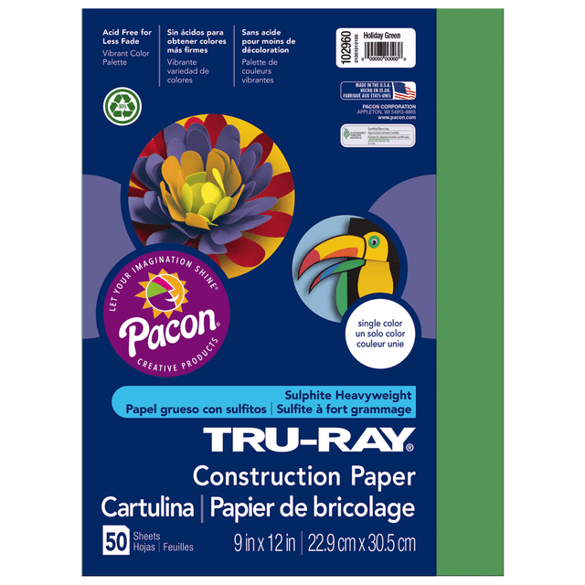 PACON CORPORATION Tru-Ray 102960  Construction Paper, 50% Recycled, 9in x 12in, Holiday Green, Pack Of 50
