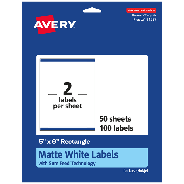 AVERY PRODUCTS CORPORATION 94257-WMP50 Avery Permanent Labels With Sure Feed, 94257-WMP50, Rectangle, 5in x 6in, White, Pack Of 100 AVERY PRODUCTS CORPORATION 94257-WMP50 Avery Permanent Labels With Sure Feed, 94257-WMP50, Rectangle, 5in x 6in, White, Pack Of 100