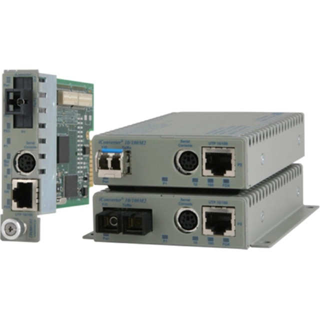 The iConverter 10/100M2 Network Interface Device (NID) media converter provides 10Base-T or 100Base-Tx (10/100) to 100Base-Fx Fiber media conversion with integrated management. The 10/100M2 conforms to Ethernet in the First Mile (EFM) fiber standards to support Fiber-to-the-X (FTTX) Metropolitan and Enterprise LAN networks. 10/100M2 media converters are used to provide managed copper demarcation points at the customer premises and network edge, offering Quality of Service and Bandwidth Control (rate-limiting) capabilities. The 10/100M2 utilizes the iConverter Operations, Administration and Maintenance (OAM) management system to remotely monitor network status, configure hardware parameters, generate statistic reports and receive a variety of user-specified traps. The iConverter management system reduces operational expenditures by keeping "truck rolls" to a minimum through remote provisioning and instant trap notification capabilities. The iConverter 10/100M2 supports Port Access, enhanced Bandwidth Control, Port MIB statistics, 2,048 byte frames and Layer 2 Control Protocol (L2CP) Policy Control. The 10/100M2 features multiple, user-selectable link fault detection modes for quick fault detection and isolation. These modes operate independently of the network management and monitor the state of the cabling hardware: Link-Segmentation (LS): The normal (default) mode where the UTP and fiber ports establish their links to other connected devices independently of each other. Link-Propagation (LP): In this mode (also known as "Link-Loss-Carry-Forward"), a link-out from the UTP port is generated only when a link-in to the fiber port is present, and a link-out from the fiber port is generated only when a link-in to the UTP port is present. In LP mode, a cable or link fault is propagated in a "domino" fashion to downstream or upstream connected equipment, enabling rapid fault detection. Asymmetrical Link Propagation (ALP): ALP has two modes of operation: copper-to-fiber and fiber-to-copper. In the 'copper-to-fiber' mode, a fault on the UTP port will propagate across the fiber to attached link partner, but not to the UTP port of the link partner. A fault on the fiber will not propagate at all. In the 'fiber-to-copper' mode, a fault on the UTP port will not propagate through to the attached UTP device. In this mode the "domino" effect is limited. Remote-Fault-Detection (RFD): In RFD+LS mode, each port transmits a link signal only when receiving a link. As a result, link faults (no link received) are looped-back and can be reported to the network core Remote Fault Detection + Link Propagate (RFD+LP): In RFD+LP mode, link faults are propagated from the fiber to the UTP port and also looped-back to the fiber port. This mode provides rapid reporting of any cable faults to the network core. Symmetrical-Fault-Detection (SFD): SFD mode is similar to the RFD mode and provides a loop-back of a fiber link fault. When connecting two SFD configured converters "back-to-back", this mode facilitates fiber or UTP fault notification to both ends of the network.