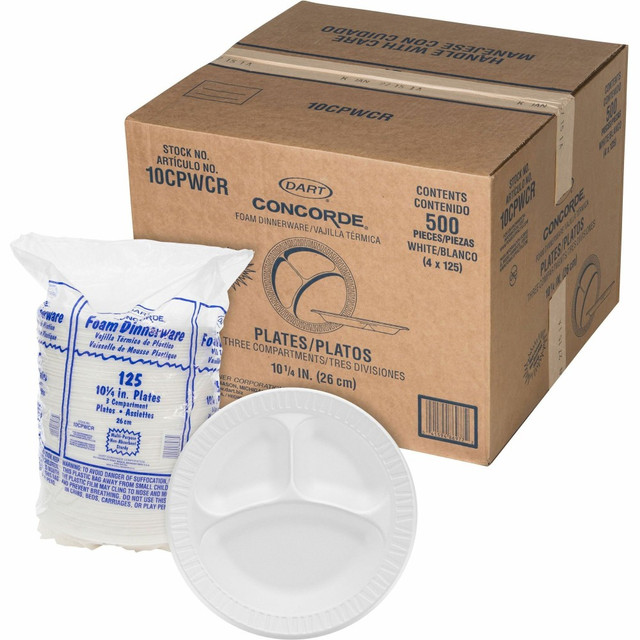 DART CONTAINER CORPORATION 10CPWCR Dart Unlaminated Foam Compartment Plates, 10in, White, Pack Of 500