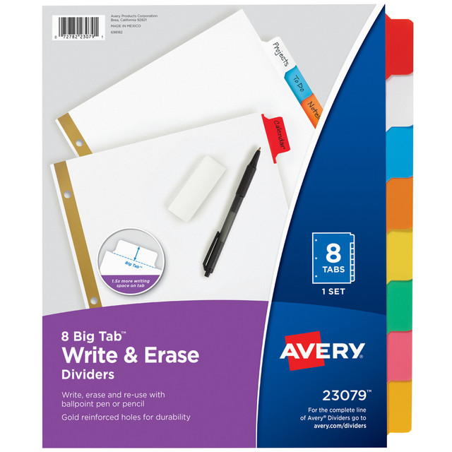 AVERY PRODUCTS CORPORATION Avery 23079  Big Tab Write-On Tab Dividers With Erasable Laminated Tabs, 8-Tab, Multicolor