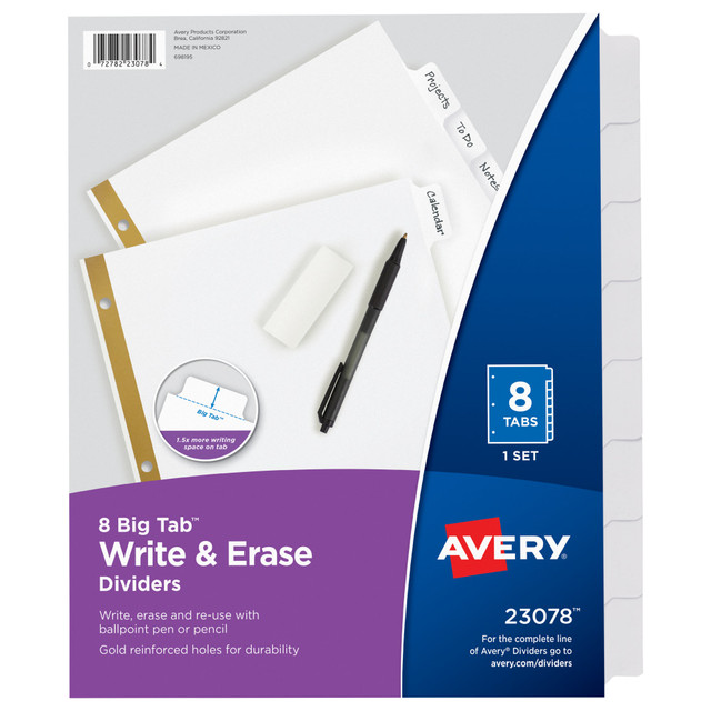 AVERY PRODUCTS CORPORATION 23078 Avery Big Tab Write-On Tab Dividers With Erasable Laminated Tabs, 8-Tab, White
