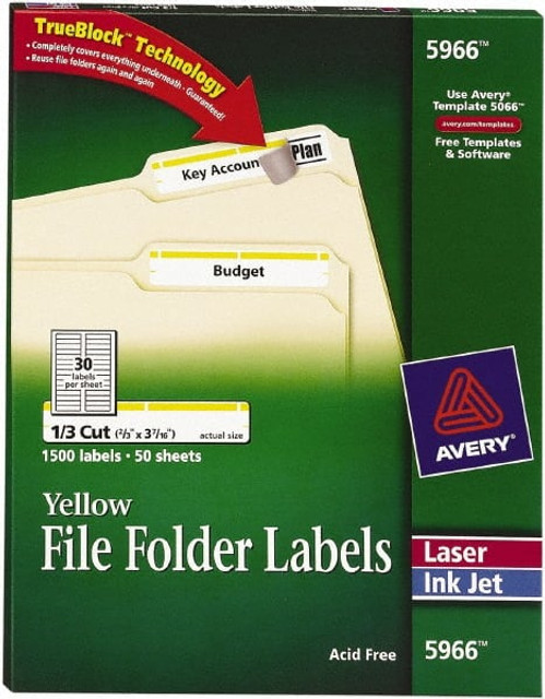 AVERY 05966 Label Maker Label: White, Paper, 3-7/16" OAL, 21/32" OAW, 1,500 per Roll