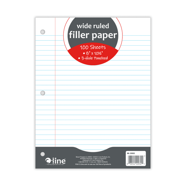 C-LINE PRODUCTS, INC. 22032-CT C-Line Filler Paper, 8in x 10-1/2in, Wide Rule, 100 Sheets Per Pack, White, Case Of 36 Packs