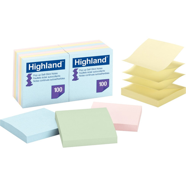 3M CO Highland 6549PUA  Self-Sticking Pop-up Notes, 3in x 3in, Assorted, Pack of 12 Pads