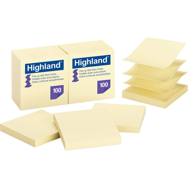3M CO 6549PUY Highland Repositionable Pop-up Notes, 3in x 3in, Yellow, 1 Dozen 100-Sheet Pads