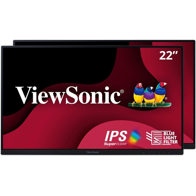 This ViewSonic monitor pack delivers clear visuals during gaming, streaming and more. These FHD monitors come without monitor stands and offer standard VESA-compatible mounting for easy dual-screen installation. A thin bezel design provides a seamless viewing experience for multi-monitor setups.  22in monitor screen with thin bezels helps provide a clear view with FHD resolution. SuperClear IPS panel technology helps deliver wide-angle viewing and brilliant colors.  Anti-glare properties help eliminate distractions, while a Blue Light Filter and Flicker-Free technology help reduce eye fatigue.  Offers a wide viewing angle for multiple viewers.  FreeSync technology provides smooth frame rates when gaming.  5 ms (GTG) response time keeps images looking as they should.  Offers optimized view settings for "Game," "Movie," "Text," "Web" and "Mono" presets.  HDMI, DisplayPort and VGA inputs allow versatile connectivity.  Vesa-mountable design to mount it in your space.  Backed by the manufacturers 3-year limited warranty.  Black for a personal or professional space.  Energy efficient - designed to use less energy than alternative products, potentially helping you save money and reduce your carbon footprint.