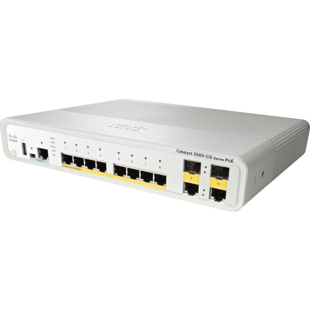 CISCO WS-C3560CG-8PCS-RF  Catalyst 3560CG-8PC-S Layer 3 Switch - 8 Ports - Manageable - Gigabit Ethernet - 10/100/1000Base-T - Refurbished - 3 Layer Supported - 2 SFP Slots - Twisted Pair - PoE Ports - Desktop, Rack-mountable - Lifetime Limited Warra