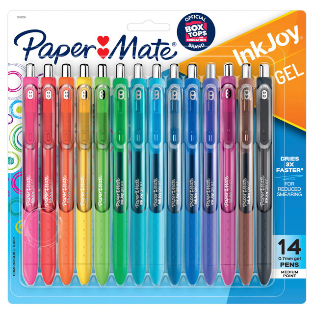 Smooth, yet crisp, marks turn this Paper Mate gel pen into an office must-have. The easy-flowing design is great for everyday writing jobs, helping you to create crisp, simple-to-read notes and reminders.  Paper Mate gel pen with a medium-point tip is great for note taking, journaling and more.  Gel ink dries fast for less smearing.  Barrel is wrapped in a comfort grip to help fight writing fatigue.  Bold, vibrant colors of Paper Mate pens let you add personality to your notes.  Pen set of 14 vibrant colors helps you brighten up notes and memos.  0.7 mm med-point pen is great for a wide range of everyday applications.  Remote learning from anywhere is easier with the right essentials.  ACMI Certified AP Nontoxic. For detailed information see www.acmiart.org.  Less harsh chemicals - made with fewer harsh chemicals, or safer chemicals than typical alternatives, helping  reduce your use of and exposure to substances that may be more harmful to your health and the environment.
