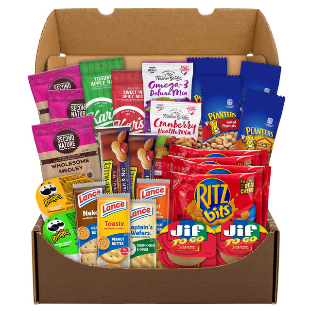 This snack box comes with plenty of tasty treats that friends, family and employees will love. The box includes nuts, cookies, crackers and snack bars to curb hunger throughout the work week.  Includes: Second Nature Naked Medley, Planters Variety, Pringles Variety, Kars Variety, Lance Cookie and Cracker, Jif-To-Go, Ritz Cheese, Nature Valley Bars and Natures Garden Variety.  Products may vary by flavor per brand, and substitutions may be made due to availability