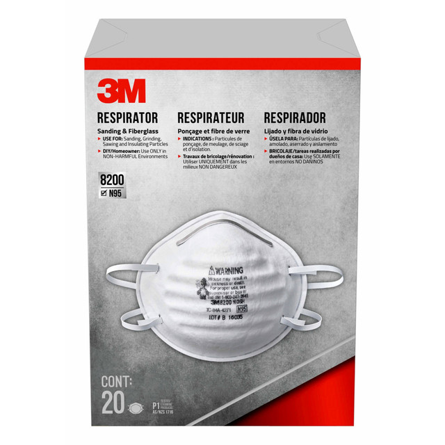 3M CO 8200H20-DC 3M 8200 N95 Sanding and Fiberglass Respirator, White, 8200H20-DC, Pack of 20