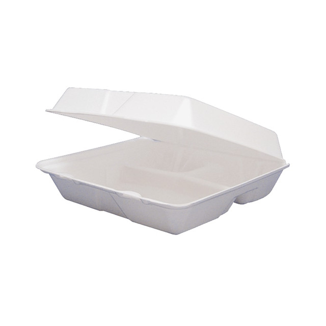 Single-compartment foam container features a secure closure to improve handling and help protect against accidental openings. High insulation qualities make it great for transporting and storing both hot and cold foods. Hinged lid is perforated to be easily removed for a less cluttered dining experience and an extra plate for sharing meals. Nonabsorbent material allows you to safely hold wet foods without soaking through. Plus, its stackable to save you valuable storage space.  High insulation design perfectly transports and stores hot and cold foods  Secure closure improves handling and protects against accidental openings  Perforated hinge easily removes for a less cluttered dining experience  Lid doubles as extra plate to conveniently share meals