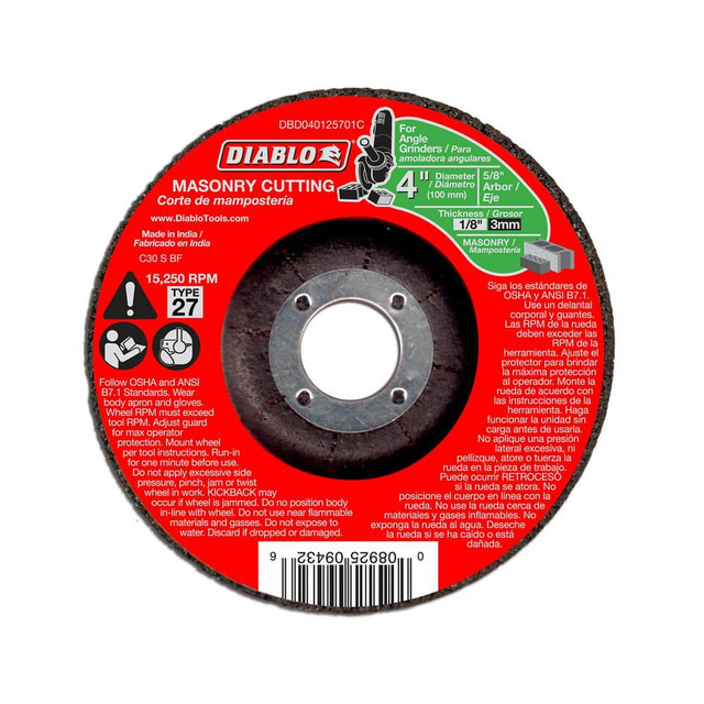 DIABLO DBD040125701C Depressed-Center Wheels; Wheel Diameter (Inch): 4 ; Wheel Thickness (Inch): 1/8 ; Hole Size: 5/8 (Inch); Wheel Type: Type 27 ; Maximum Rpm: 15250