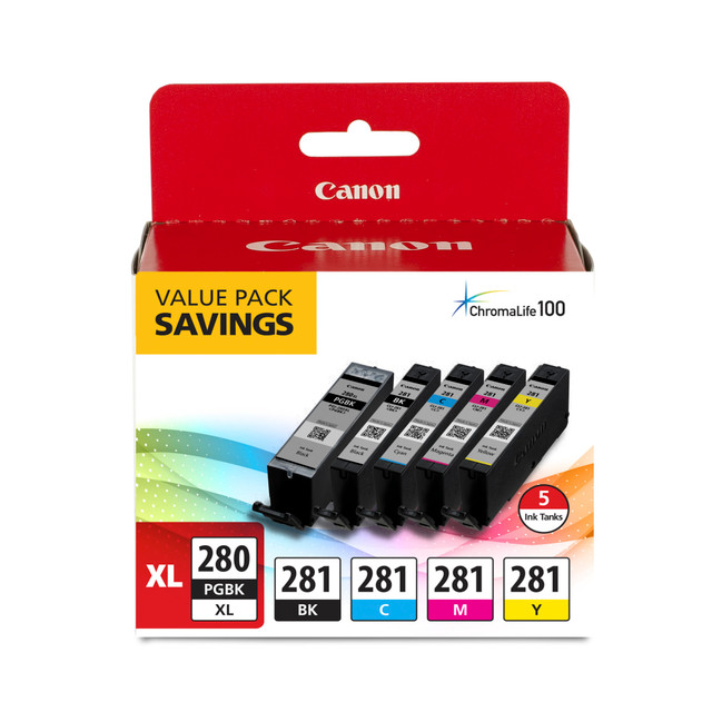 CANON USA, INC. Canon 2021C007  PGI-280XL Black; CLI-281 Black; Cyan; Magenta; Yellow High-Yield Ink Tanks, Pack Of 5