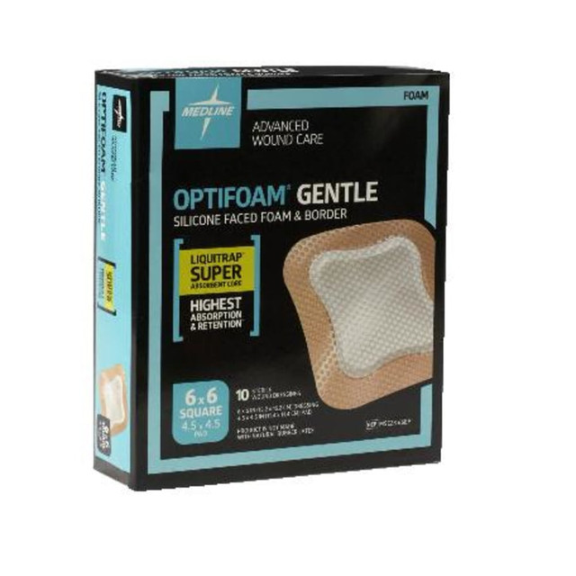 MEDLINE INDUSTRIES, INC. MSC2366EPZ Medline Optifoam Gentle Silicone-Faced Foam & Border With Liquitrap Core Dressings, 6in x 6in, Natural, Box Of 10
