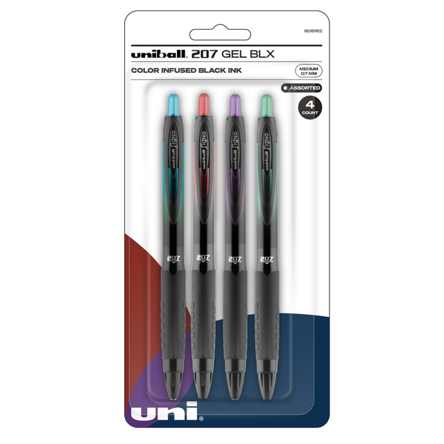 Medium point 0.7 mm retractable BLX gel pens infuse vivid black ink with dramatic color for uniquely dark tones  Smooth flowing ink provides a consistent writing performance, delivering intense, vibrant lines  uni Super Ink technology forms a strong bond with the paper, preventing document fraud and check washing  A textured grip allows comfortable writing while ensuring greater control and precision throughout your tasks and projects  Professionals first choice gel pen with stylish metallic accents and a high-quality finish  Assorted color-barrel uni-ball pen set includes blue/black, green/black, purple/black and red/black ink and barrel colors.
