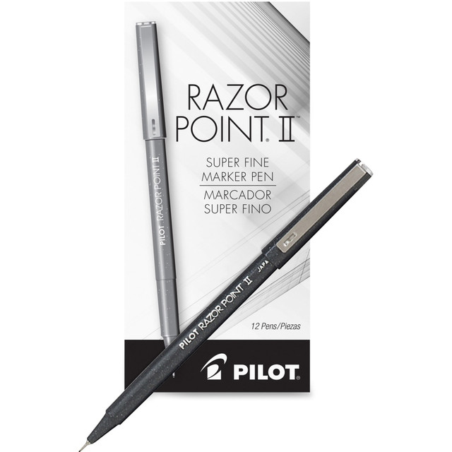 PILOT CORPORATION OF AMERICA 11009 Pilot Razor Point II Marker Pens, Pack Of 12, Super Fine Point, 0.3 mm, Black Barrel, Black Ink