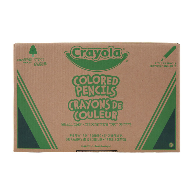 Whether its art time or free play, spark the creativity in your classroom with Crayola colored pencils. Your students can mix and match colors to create an imaginative project all their own.  Crayola colored pencils set is designed for classroom and art room activities.  Presharpened sturdy pencils feature thick, soft 3.3 mm cores.  Bright, smooth colors are perfect for mixing and blending.  Includes 12 handheld pencil sharpeners.  Colored pencils set of 240 contains 12 assorted colors (20 of each color).  Conforms to ASTM D-4236.  Certified AP nontoxic by the Art and Craft Materials Institute.  ACMI Certified AP Nontoxic. For detailed information see www.acmiart.org.  Less harsh chemicals - made with fewer harsh chemicals, or safer chemicals than typical alternatives, helping  reduce your use of and exposure to substances that may be more harmful to your health and the environment.