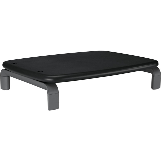 Universal platform fits any monitor up to 80 lbs. and 21in. No tools required for setup.  2-year warranty includes free technical support  Stylish construction and color complement any decor  Stand brings monitor in line with your eyes to help reduce eye and neck strain  Monitor height matches SmartFit personal comfort colors. Risers snap into place to adjust height to 1 of 2 vertical settings.  Accessories can be stored under stand to maximize desk space. 11.5in clearance between stand legs.  Black/Gray; 11.5inL x 9.0inW, 3.0inH  SmartFit System - Measure, Adjust, Fit. Workspace that works for you.  System adjusts monitor height to your optimal viewing angle. Helps to reduce eye and neck strain.  Height adjusts to 1 of 3 vertical settings without tools.  Expands usable desk space by allowing storage underneath the platform.