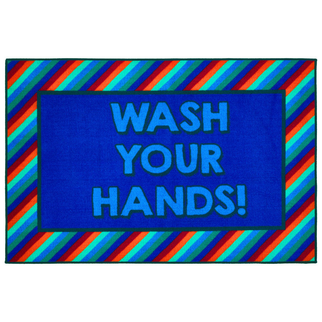 Set this Carpets for Kids KID$Value Activity Rug in your playroom or classroom to help children learn important health habits. The rubberized backing is designed to prevent sliding, and the dependable barrier helps protect your floors against spills.  Nylon construction is durable yet soft.  Water protection barrier to prevent liquids from getting to your flooring.  True Stain Blocker Technology to help prevent stains.  Non-latex, rubberized backing helps create a nonslip surface.  Machine washable for easy cleaning.  Backed by the manufacturers 5-year limited Abrasive Wear warranty.  Features visual references to help encourage children to wash their hands.