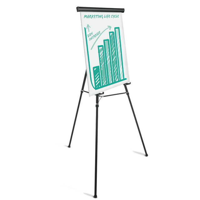 Height adjustable 37-1/2in-69in for tabletop or floor display.  Full-width, no-pinch retainer holds easel pads up to 27in x 31in.  Sturdy, telescoping legs make setup quick, easy and convenient.  Supports weight up to 45 lbs.  Adjustable chart holders fit most easel pads and lock in place to hold large or small materials.  Heavyweight, locking center brace provides stability and supports heavier items.  For flipcharts/easel pads or display.