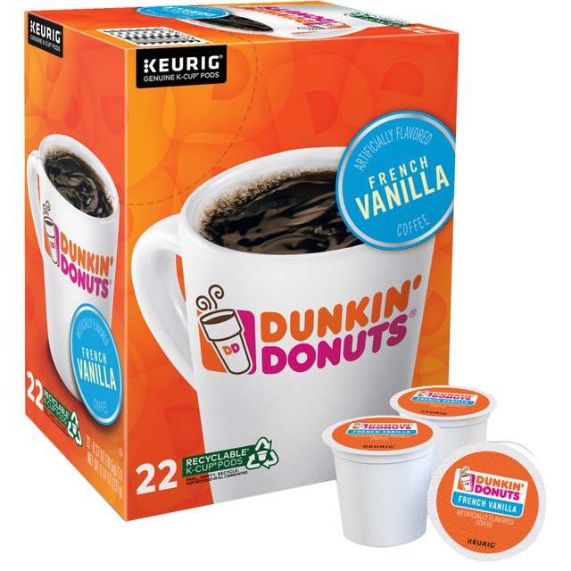 Sweeten your mornings with Dunkin Donuts French Vanilla Coffee. This creamy, aromatic blend tastes delightful from the first sip to the last.  French Vanilla flavored coffee lends a sweet, creamy taste.  Medium roast is made with Arabica coffee.  K-Cup works with compatible single-serve Keurig brewers.  Flavor and aroma of sweet, creamy vanilla  Light roast, caffeinated coffee  Orthodox Union Kosher  Compatible with Keurig K-Cup pod single-serve coffee makers  RECYCLABLE* K-CUP PODS: Simple. Delicious. And Recyclable. Enjoy the same great-tasting coffee you know and love, and when you"re done just peel, empty and recycle. *Check locally, not recycled in all communities. Packaging may vary.