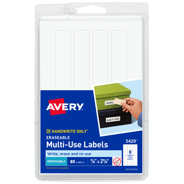 AVERY PRODUCTS CORPORATION 5429 Avery Removable Erasable Multipurpose Labels, 5429, 7/8in x 2 7/8in, White, Pack Of 80