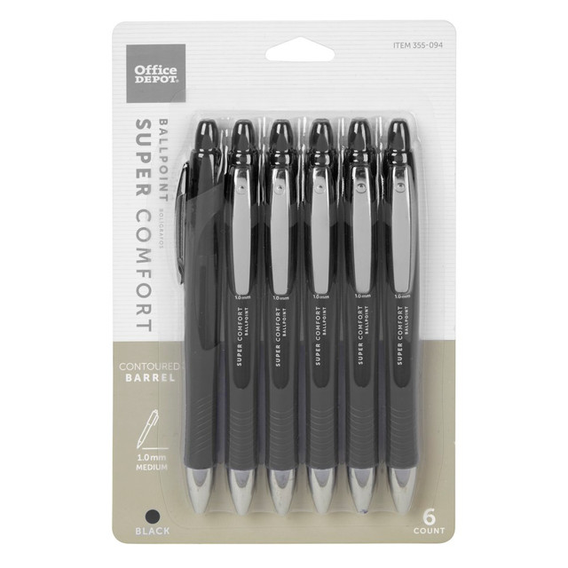 OFFICE DEPOT AH534-6-B  Brand Retractable Ballpoint Pens With Grip, Medium Point, 1.0 mm, Black Barrel, Black Ink, Pack Of 6