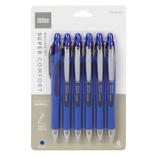 OFFICE DEPOT AH534-6-BL  Brand Retractable Ballpoint Pens With Grip, Medium Point, 1.0 mm, Blue Barrel, Blue Ink, Pack Of 6