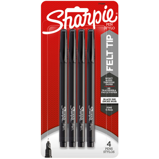 NEWELL BRANDS INC. 1742661 Sharpie Fine-Point Pens, Fine Point, 0.4 mm, Black Barrels, Black Ink, Pack Of 4