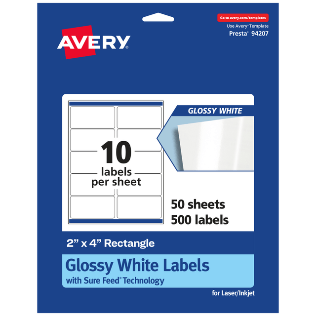 AVERY PRODUCTS CORPORATION Avery 94207-WGP50  Glossy Permanent Labels With Sure Feed, 94207-WGP50, Rectangle, 2in x 4in, White, Pack Of 500