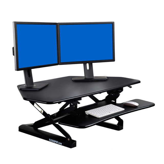 Break up time spent sitting and working by creating a sit-stand workspace in your home or office. Place this height-adjustable standing desk riser directly on top of your existing desk, squeeze the lever to move the desk into 1 of the 12 height positions and set up your keyboard and mouse on the tray - theres plenty of room for both. The gas springs (pneumatic pistons) let you switch between sitting and standing with ease and control.  Smooth and controlled assisted lift.  12 height positions.  Maximum height: 19-11/16in.  FlexiSpot desk riser (41inW) comes in black and has a removable keyboard tray.  Tested to meet ANSI/BIFMA Performance Standards - Manufacturer testing has been conducted on this product to meet specific performance requirements and safety standards set forth by the American National Standards Institute (ANSI) and the Business and Institutional Furniture Manufacturers.