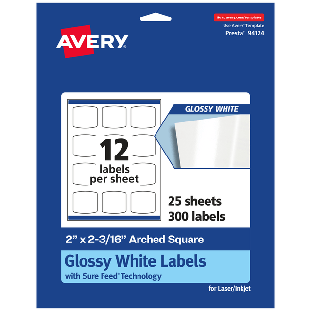 AVERY PRODUCTS CORPORATION 94124-WGP25 Avery Glossy Permanent Labels With Sure Feed, 94124-WGP25, Arched Square, 2in x 2-3/16in, White, Pack Of 300 AVERY PRODUCTS CORPORATION 94124-WGP25 Avery Glossy Permanent Labels With Sure Feed, 94124-WGP25, Arched Square, 2in x 2-3/16in, White, Pack Of 300
