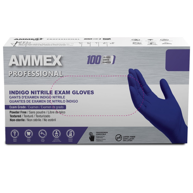 Put safety first with Ammex Professional Indigo Nitrile Exam Gloves. Thanks to the tough, damage-resistant design, these exam-grade gloves provide strong protection for your hands.  Exam-grade gloves help protect your hands.  Made of latex-free nitrile.  Textured fingertips and micro-roughened surface maintain dexterity and a non-slip wet grip.  Powder free to prevent interfering with fresh adhesives, inks and other materials.  FDA approved for non-sterile medical use.  Heavy-duty design resists punctures and damage from most harsh chemicals.