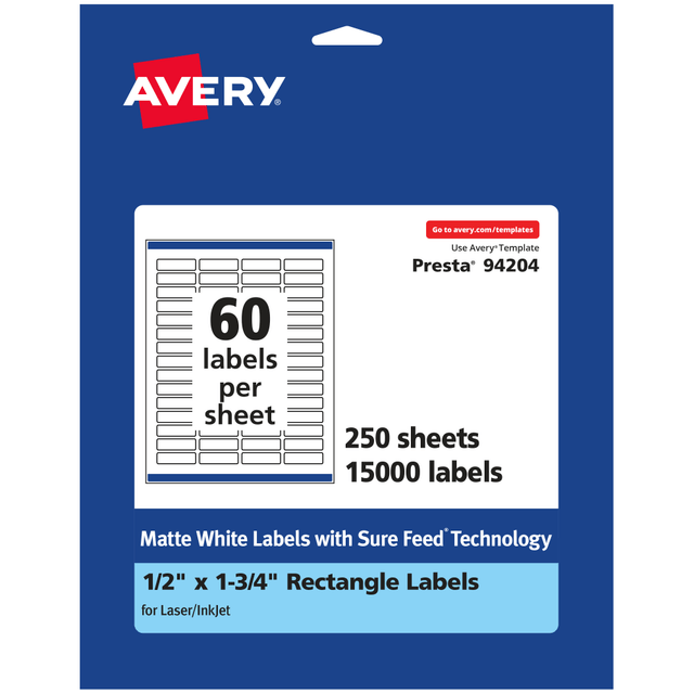 AVERY PRODUCTS CORPORATION 94204-WMP250 Avery Permanent Labels With Sure Feed, 94204-WMP250, Rectangle, 1/2in x 1-3/4in, White, Pack Of 15,000 AVERY PRODUCTS CORPORATION 94204-WMP250 Avery Permanent Labels With Sure Feed, 94204-WMP250, Rectangle, 1/2in x 1-3/4in, White, Pack Of 15,000