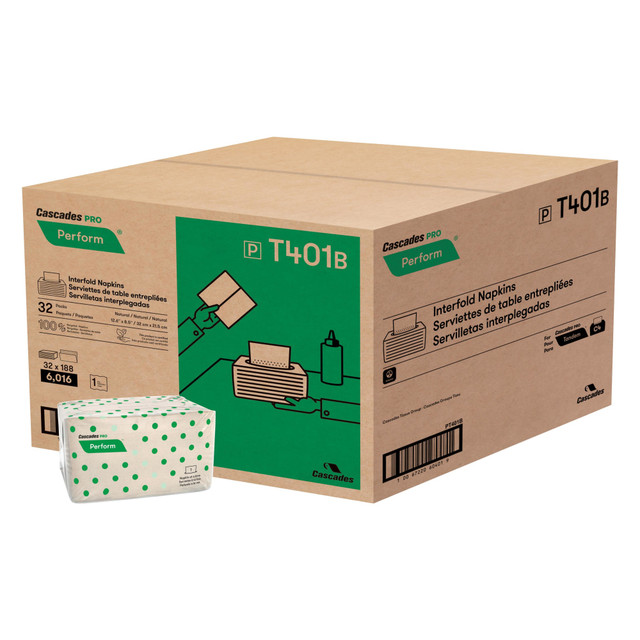 CASCADES TISSUE GROUP T401 Cascades PRO Perform 1-Ply Interfold Napkins, 6 1/2in x 4 1/4in, Natural, 188 Sheets Per Pack, Case Of 32 Packs