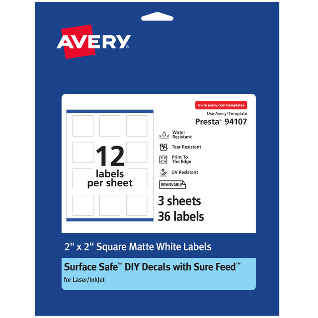 AVERY PRODUCTS CORPORATION 94107-DRF3 Avery Durable Removable Labels With Sure Feed, 94107-DRF3, Square, 2in x 2in, White, Pack Of 36 AVERY PRODUCTS CORPORATION 94107-DRF3 Avery Durable Removable Labels With Sure Feed, 94107-DRF3, Square, 2in x 2in, White, Pack Of 36