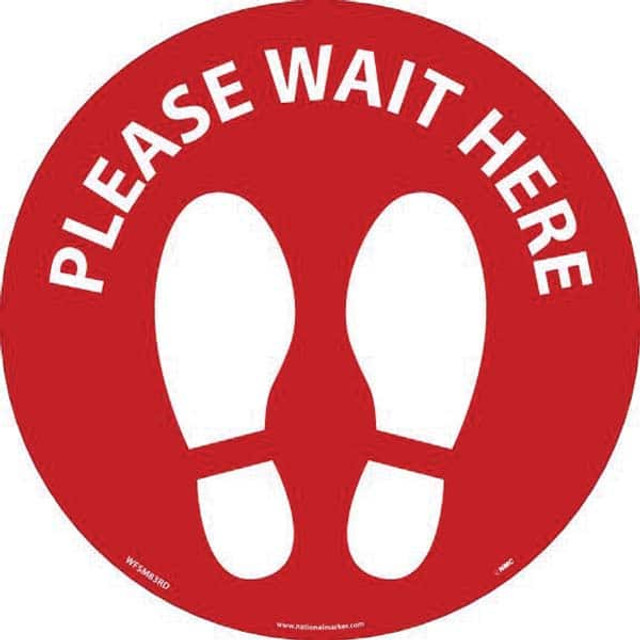 AccuformNMC WFSM83RD10 COVID-19 Adhesive Backed Floor Sign: Round, Vinyl, ''PLEASE WAIT HERE''