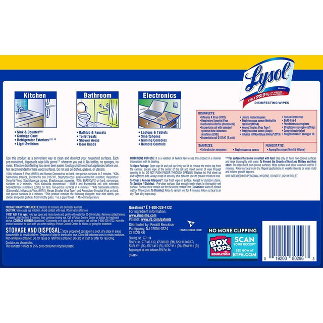 Reckitt Benckiser plc Lysol 80296CT Lysol Disinfecting Wipes Reckitt Benckiser plc Lysol 80296CT Lysol Disinfecting Wipes