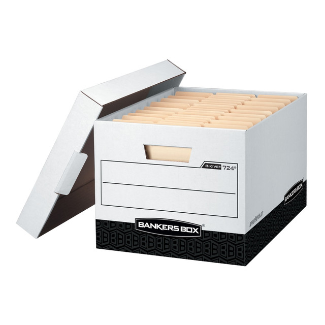 FELLOWES INC. 00724 Bankers Box R Kive Heavy-Duty Storage Boxes With Locking Lift-Off Lids And Built-In Handles, Letter/Legal Size, 15in x 12in x 10in, 60% Recycled, White/Black, Case Of 12