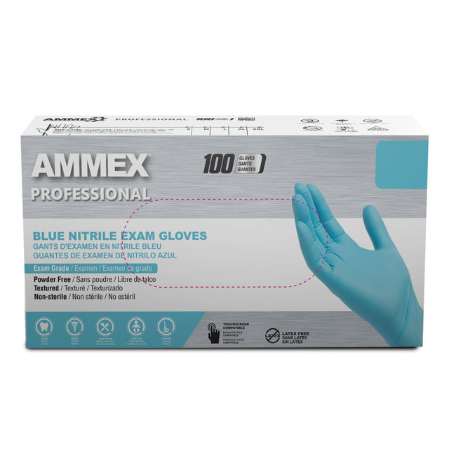 AMMEX CORPORATION APFN46100 Ammex Professional Powder-Free Exam-Grade Nitrile Gloves, Large, Blue, Box Of 100 Gloves